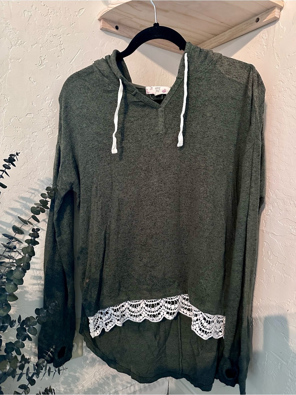 Hippie Rose Olive Green Hoodie Sweater with White Lace Trim